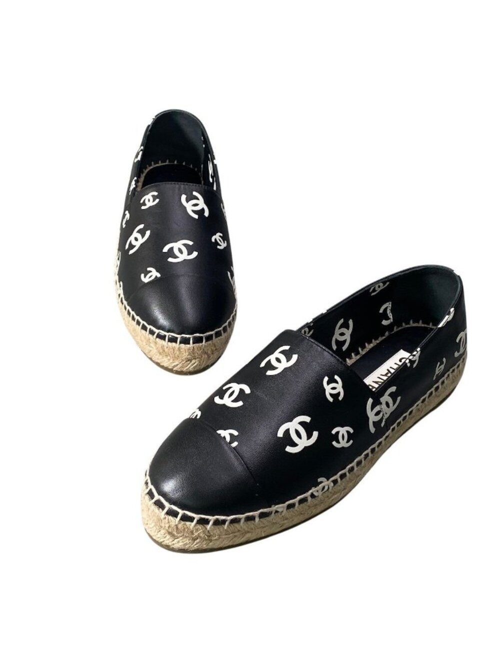 Chanel Espadrilles Flat Shoes CC Logo Leather 39 Black - Picture 5 of 11